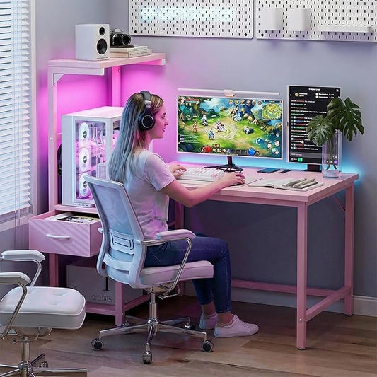 Grandder Gaming Desk 47 Inch with CPU Stand and LED Light, Computer Desk with Reversible Shelves and Storage Drawer, Pc Small Desk for Home Office Table with Bag, Pink