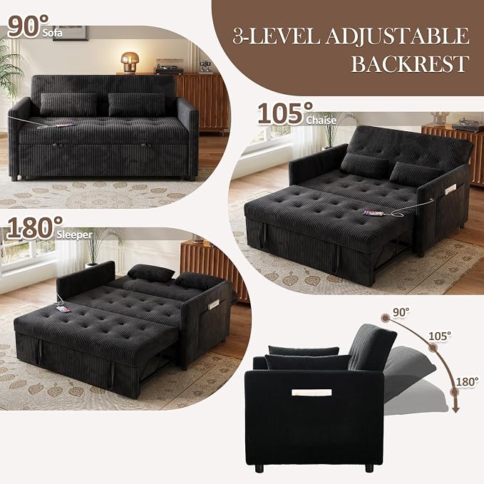 Sofa Bed, Loveseat 3-in-1 Sleeper Sofa with Pull Out Bed, Pockets and USB, Modern 2 Seater Convertible Small Couch for Living Room Bedroom Apartment (Black, Corduroy)