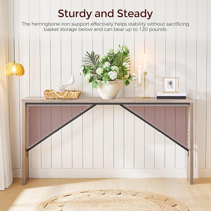 MAHANCRIS Console Table, 62.2" Long Sofa Table Behind Couch, Narrow Entryway Table, Farmhouse Dining Table with Angled Metal Frame, Industrial Console Table for Entryway, Greige CTHG15801