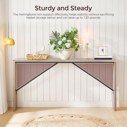 MAHANCRIS Console Table, 62.2" Long Sofa Table Behind Couch, Narrow Entryway Table, Farmhouse Dining Table with Angled Metal Frame, Industrial Console Table for Entryway, Greige CTHG15801