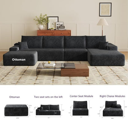 37.4" Plush Corduroy Ottoman, Upholstered Cloud Ottoman for Boneless Couch in a Box, Modular Sectional Couches for Living Room, Compressed Memory Foam, No Assembly Require, Black