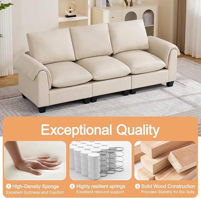 96" Faux Leather Modular Sectional Upholstered Sofa, Oversized 3 Seater Couch with Curved Armrests, Cloud Modern Upholstered Deep Seat Sofa for Living Room, Beige