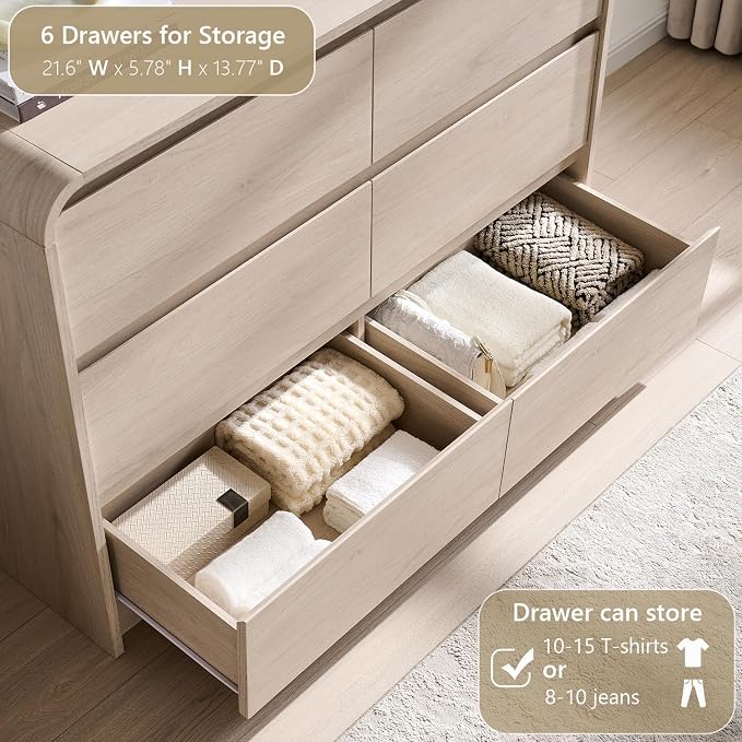 Aitjunz Modern 6 Drawers Dresser for Bedroom, 47" Wide Wood Dressers, Cream | Wooden Dressers & Chests of Drawers w/Curved Profile Design, Mid Century Dresser w/Handleless Design for Bedroom, Living Room