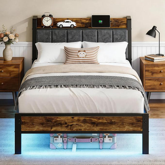 Liians Twin Size Bed Frame with Storage Headboard and Charging Station, Smart RGB LED Lights, Metal Platform Bed with USB & Type-C Ports, Noise Free, Easy Assembly, No Box Spring Needed