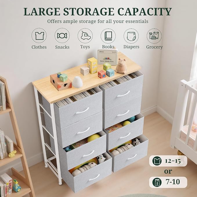 8-Drawer Dresser for Bedroom, Anti-Tip Tall Storage Organizer Chest of Drawers with Wooden Top and Metal Frame Fabric Bins for Closet, Living Room, Hallway, Entryway, Light Gray