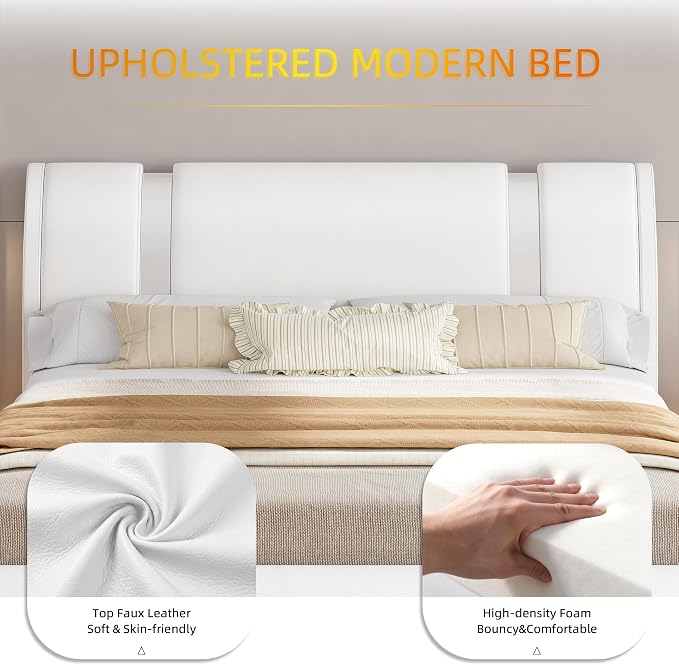 Keyluv Modern Queen Size Bed Frame with Mirror Metal Decoration, Faux Leather Upholstered Platform Bed with Curved Headboard, Wooden Slats Support, No Box Spring Needed, White