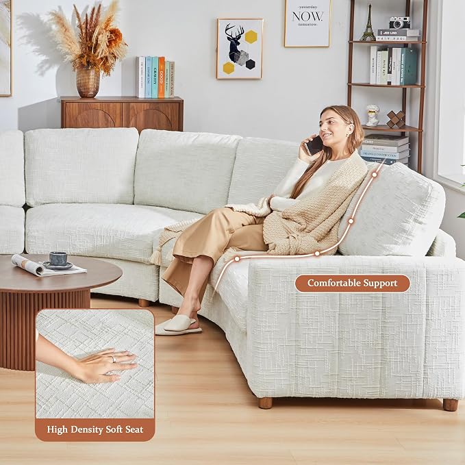 ORRD Oversized Curved Sectional Sofa, Convertible L Shaped Couch with Deep Seat, Boucle Modular Sectional Sofa with Pillows, Curved Chenille Comfy Corner 6 Seat Couch for Living Room, White