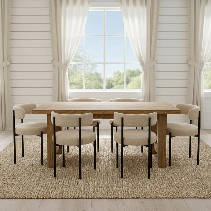 Boucle Dining Chairs Set of 6, Beige Dining Chairs with Upholstered Seat and Round Back, Mid-Century Modern Kitchen Chairs for Dining Room, Restaurant