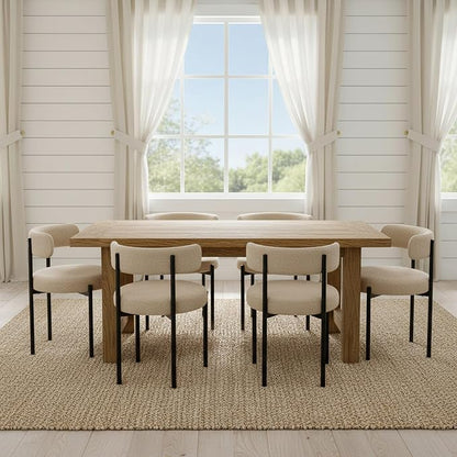 Boucle Dining Chairs Set of 6, Beige Dining Chairs with Upholstered Seat and Round Back, Mid-Century Modern Kitchen Chairs for Dining Room, Restaurant
