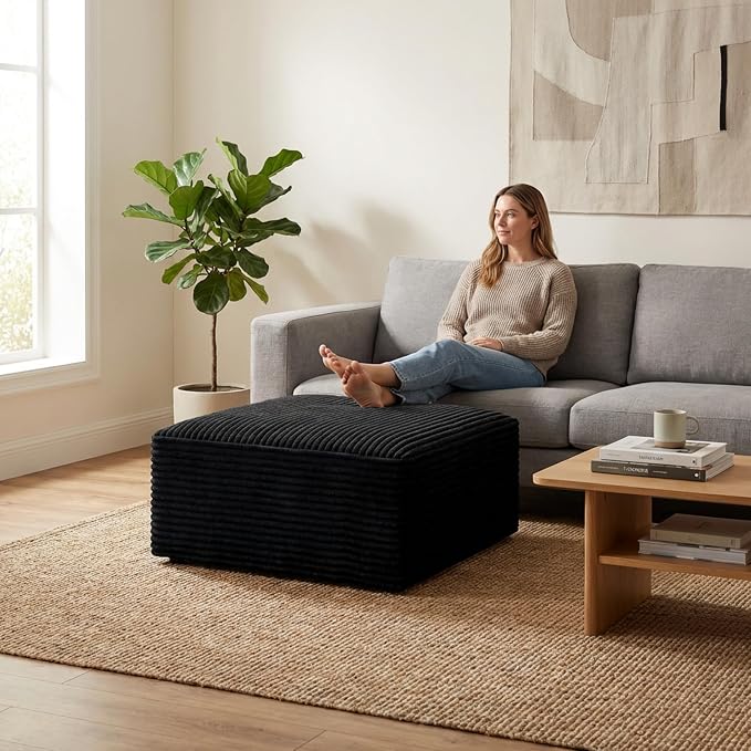 Oversized Boneless Ottoman for Living Room – Plush Square Corduroy Upholstered Couch Ottoman, Modern Low-Profile Footrest for Sectional & Modular Sofa-Black