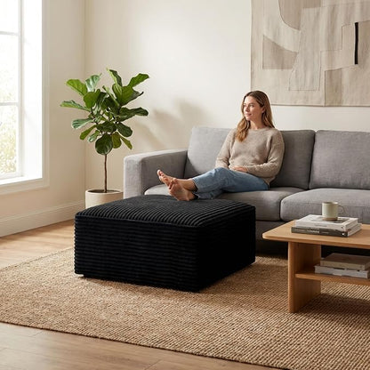 Oversized Boneless Ottoman for Living Room – Plush Square Corduroy Upholstered Couch Ottoman, Modern Low-Profile Footrest for Sectional & Modular Sofa-Black