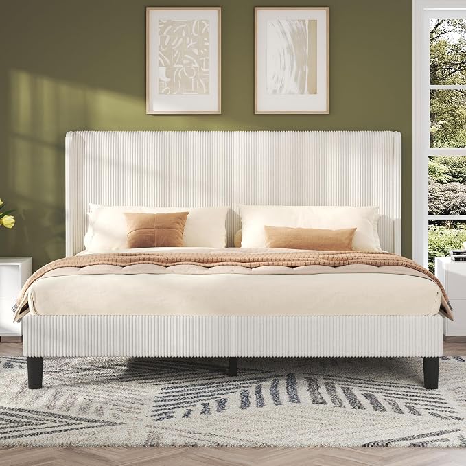 AMERLIFE Queen Bed Frame, Easy Assembly Modern White Bed Frame with Wooden Slats Support, Upholstered Platform Bed with Corduroy Headboard, No Box Spring Needed
