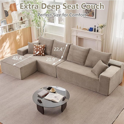 140" L Shaped Cloud Sectional Couch for Living Room, Modular Floor Deep-Seat Sofa, Big Comfy Corduroy Couches Set with Fluffy Memory Foam for Living Room Bedroom, No Assembly Required, Camel