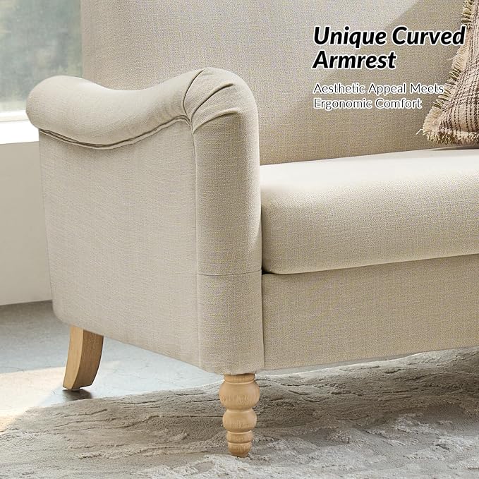 HULALA HOME 50.5" Loveseat Sofa with Solid Wood Spindle Legs, 2 Seater Farmhouse Sofa with Rolled Wide Armrests, Comfy Upholstered Small Couch for Living Room Bedroom, Linen