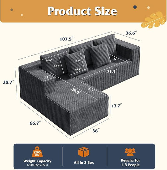 WLIVE 108'' Cloud Sectional Couches for Living Room, Modular Boneless Couch with Right Facing Chaise, L Shape Memory Foam Corduroy, with Cushion, Grey