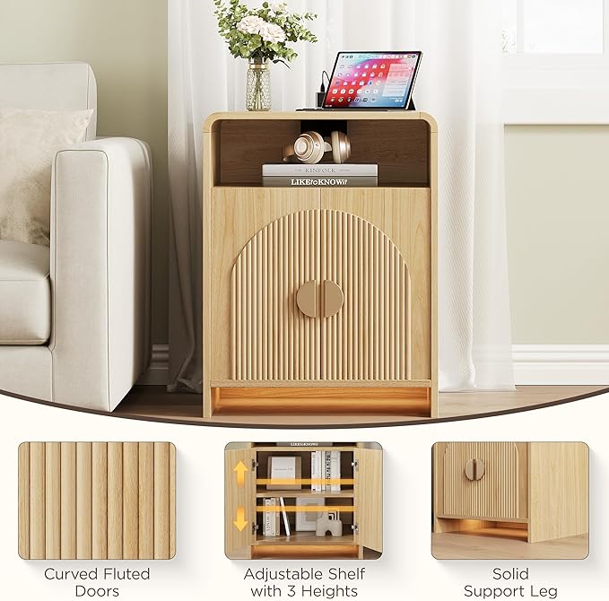 Nightstand with Charging Station and LED Lights, Night Stands with Adjustable Storage Cabinet, Modern Side Table with Fluted Doors and Open Storage, Bedside Table for Bedroom, Natural