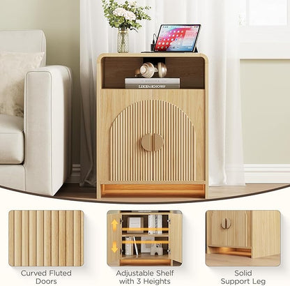 Nightstand with Charging Station and LED Lights, Night Stands with Adjustable Storage Cabinet, Modern Side Table with Fluted Doors and Open Storage, Bedside Table for Bedroom, Natural