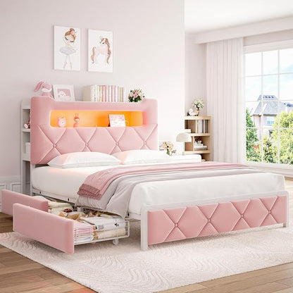 Queen Upholstered LED Bed Frame with 2 Storage Drawers and 2-Tier Storage Headboard,Velvet Princess Platform Bed with Charging Station & Bookcase,Heavy Duty Metal Support,No Box Spring Needed,Pink
