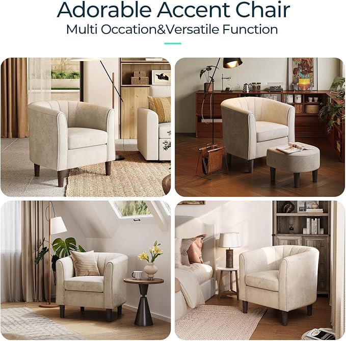 LINSY Small Accent Chair with Ottoman, Modern Barrel Chair Comfy Armchair Reading Chair with Footrest, Small Round Arms Chair for Living Room Bedroom Reading Room, Velvet, Beige