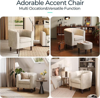 LINSY Small Accent Chair with Ottoman, Modern Barrel Chair Comfy Armchair Reading Chair with Footrest, Small Round Arms Chair for Living Room Bedroom Reading Room, Velvet, Beige
