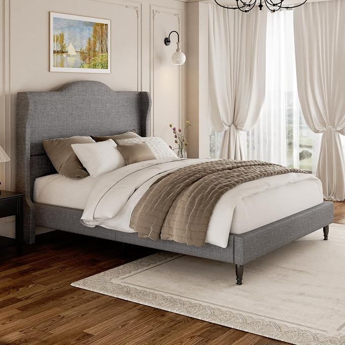 Full Size Bed Frame Upholstered Platform Bed with Tall Arched Wingback Headboard, Sturdy Wooden Slat Support, Easy Assembly No Box Spring Required, Soft Fabric Bed for Bedroom, Light Grey