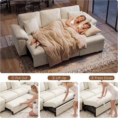Ihanherry 86" Modular Sectional Sofa with Pull Out Bed, 4-Seater L Shaped Sectional Sleeper Couch with Storage Ottoman, Chenille Convertible Couches for Living Room, Apartment (Beige)