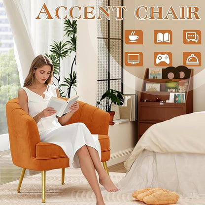 Andeworld Velvet Accent Chair Set of 2, Upholstered Modern Single Sofa Side Chair,Comfy Barrel Club Living Room Armchair with Golden Metal Legs for Bedroom Living Reading Room Office, Orange