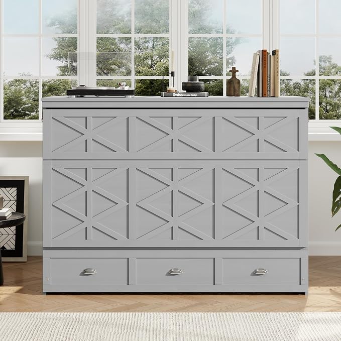 Bellemave Queen Size Murphy Bed, Cabinet Bed with Charging Station and Storage, Farmhouse Murphy Cabinet with Foldable Panel, for Bedroom,Office, Brushed Gray