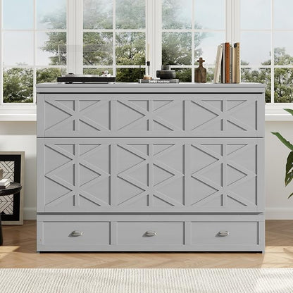 Bellemave Queen Size Murphy Bed, Cabinet Bed with Charging Station and Storage, Farmhouse Murphy Cabinet with Foldable Panel, for Bedroom,Office, Brushed Gray