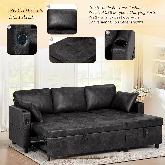 84" Suede Leather Pull Out Sofa Bed w/Adjustable Backrest, Sectional Sleeper Couch w/Storage Chaises and Armrest Pillows, U-Shape Sofa Bed w/USB Port for Living Room, House, Black