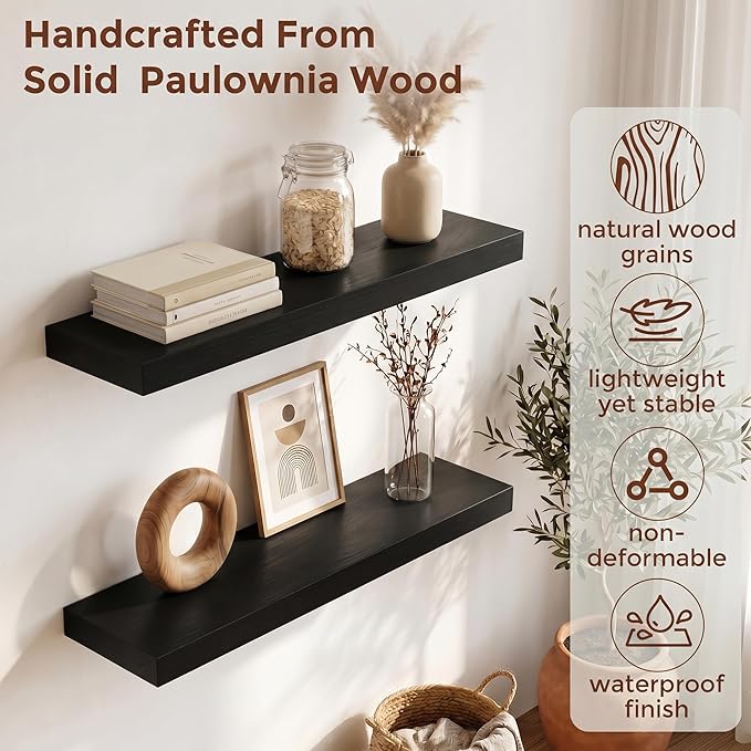 fuqing 24" x 6.7" x 1.4" Black Floating Shelves Set of 2, Rustic Black Wood Shelves for Living Room Bathroom, Hardware Included, 40 Lbs, Invisible Brackets