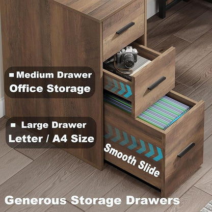 LVB Wood L Shaped Desk, Large Computer Office Desk with File Cabinets, Reversible Executive L Shape Gaming Desk with Drawers, Metal Wooden Corner Desk Table with with Storage Shelf, Rustic Oak 59 Inch