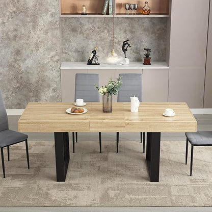 STHOUYN 63”-79” Extendable Dining Room Table Desk for 6 8 10, Modern Rustic Kitchen Expanding Table, Wooden Long Large Expandable Dining Room Conference Table for Kitchens (Natural Oak)