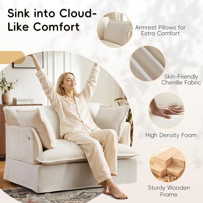 ERYE 47" Chenille Upholstered Accent Chair Wide Seat Armchair for Living Room Bedroom, Modern Upholstered Armchair W/ 2 Pillows and USB-C Ports for Home Apartment Office