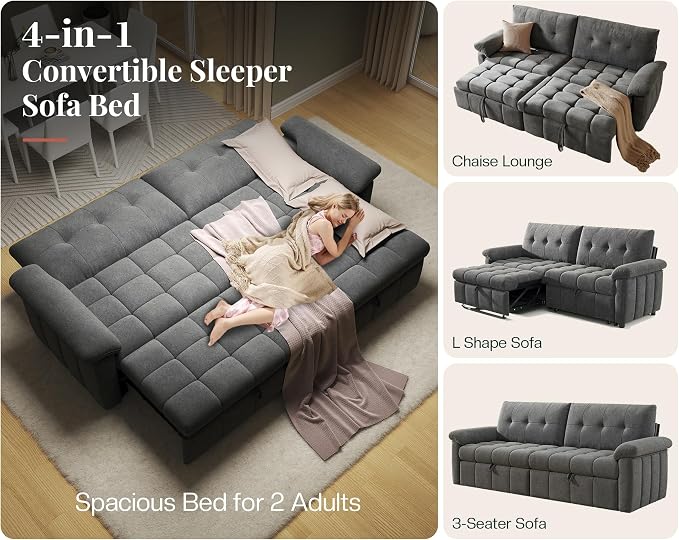 Jocisland 93” 4-in-1 Convertible Sofa Bed, Full Size Cloud Sleeper Sofa, Tufted Chenille, 5-Position Adjustable Backrest, 10-Minute Tool-Free Assembly, Couches for Living Room Guest Room, Gray
