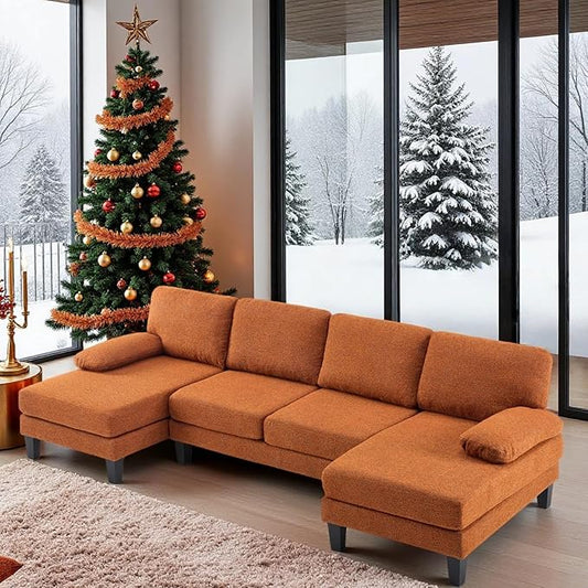VINGLI 110' U-Shaped Sectional Couch with Two Chaise, Affordable Small Sofa with 4 Seats, Chenille Fabric Comfy Couches for Living Room, Orange