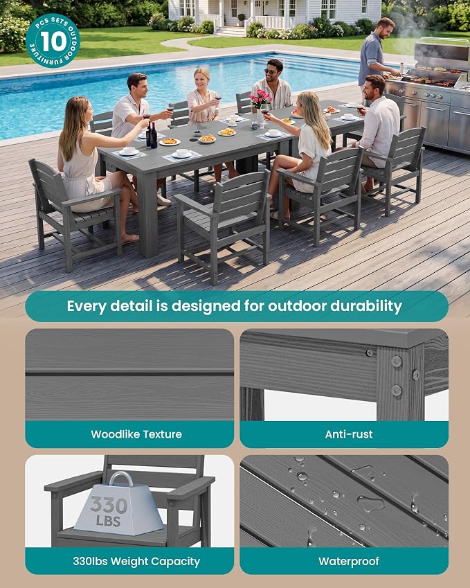SERWALL 59" HDPE Outdoor Dining Set for 8, w/ 2 Tables & 8 Armchairs, Gray