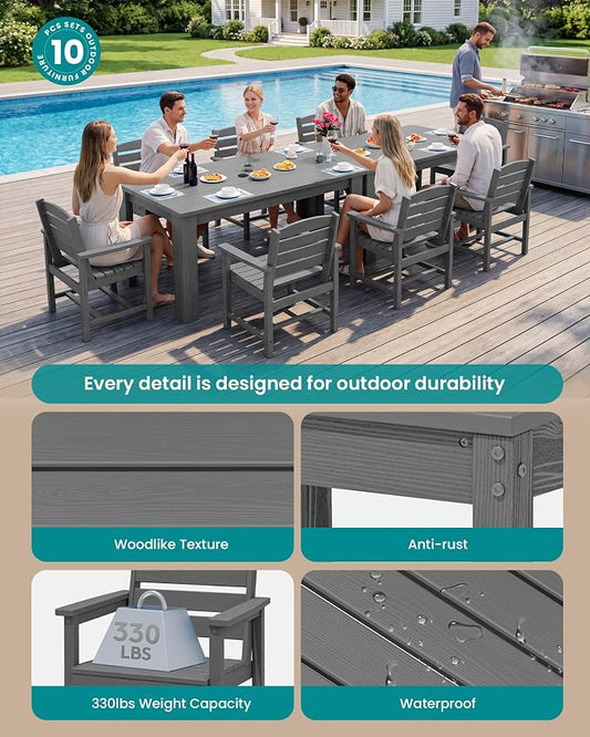 SERWALL 59" HDPE Outdoor Dining Set for 8, w/ 2 Tables & 8 Armchairs, Gray