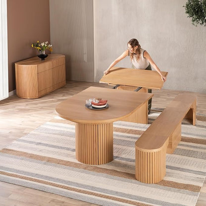 Transformer Table - Solid Wood Extendable Round Dining Table Set with Bench and Sideboard Storage, Seats 4-10, Expandable Round Dining Set, Natural (Table + Bench + Sideboard)