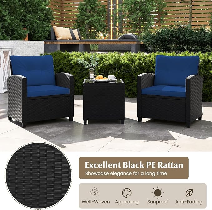 Tangkula 3 Piece Patio Furniture Set, Rattan Conversation Set w/Soft Seat & Back Cushions, Tempered Glass Topped Coffee Table, Cushioned Wicker Seating Set for Backyard, Porch, Poolside