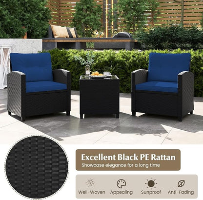 Tangkula 3 Piece Patio Furniture Set, Rattan Conversation Set w/Soft Seat & Back Cushions, Tempered Glass Topped Coffee Table, Cushioned Wicker Seating Set for Backyard, Porch, Poolside