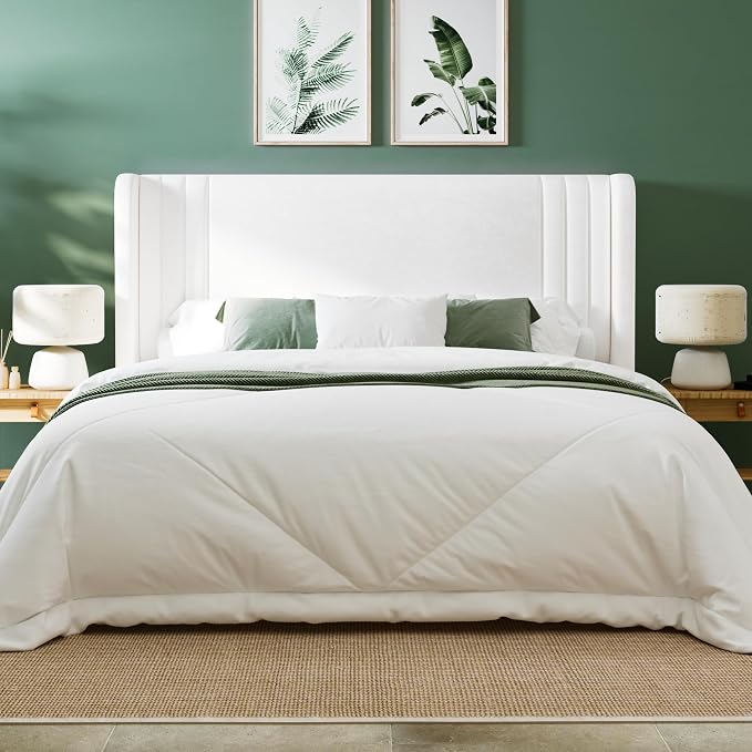 Allewie Queen Size Velvet Platform Bed Frame with Vertical Tufted Wingback Headboard, Easy Assembly, Under Bed Storage, No Box Spring Required, Modern Style, White