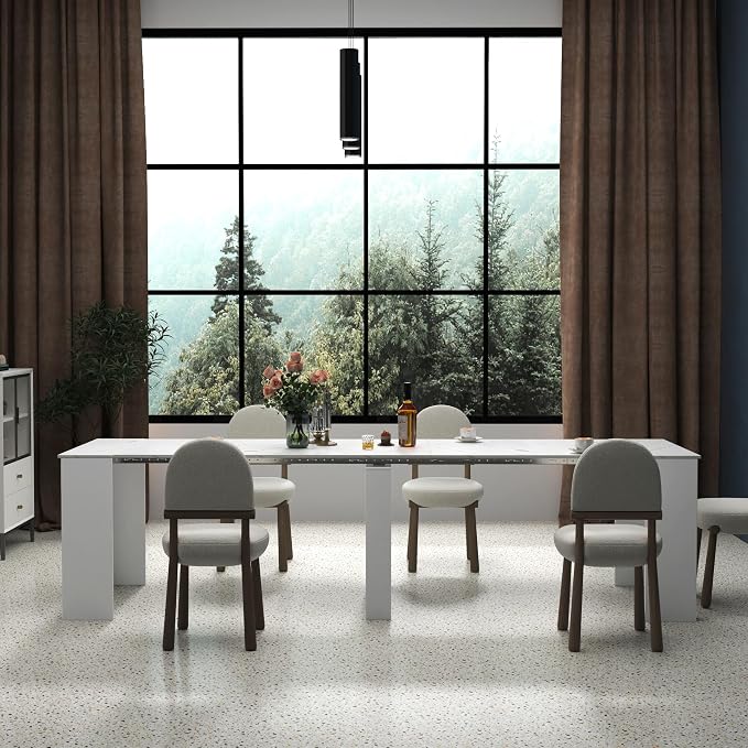 Transformer Dining Table for 12, 118” Expandable Marble Dining Room Table, Space Saving Console to Dining Table Marble & White