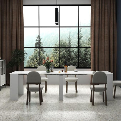 Transformer Dining Table for 12, 118” Expandable Marble Dining Room Table, Space Saving Console to Dining Table Marble & White