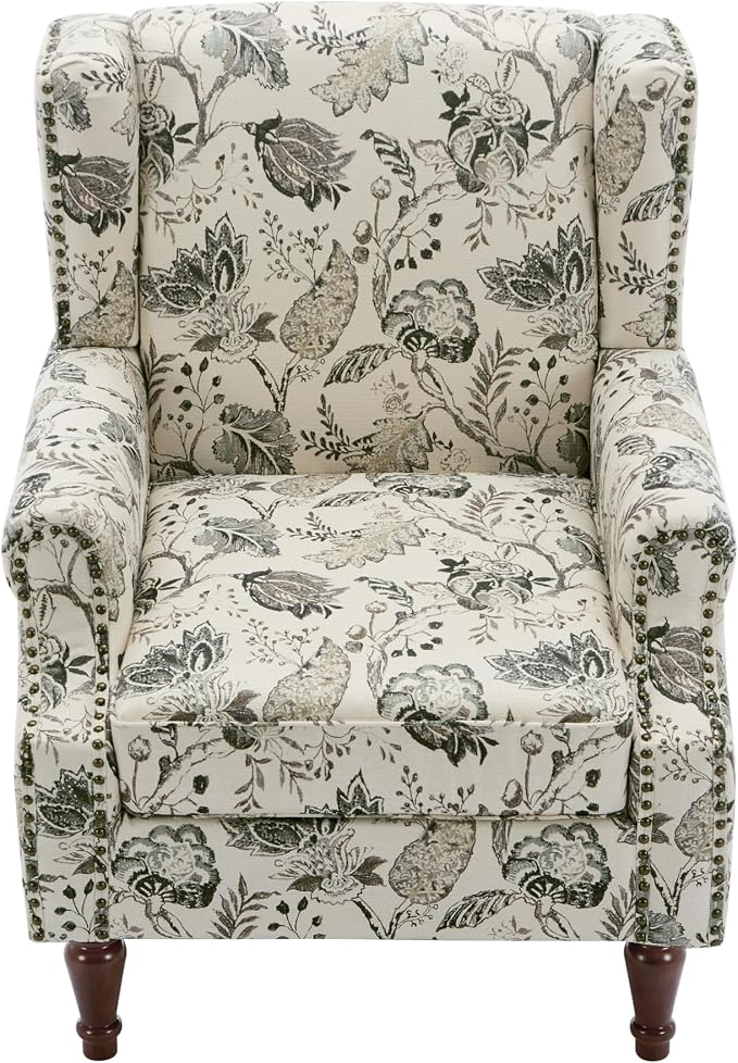 Pia Ricco Set of 2 Floral Accent Chairs, High Back Upholstered Armchairs with Retro Wingback Design, Nailhead Trim & Solid Wood Legs for Living Room Bedroom(Plants Beige)
