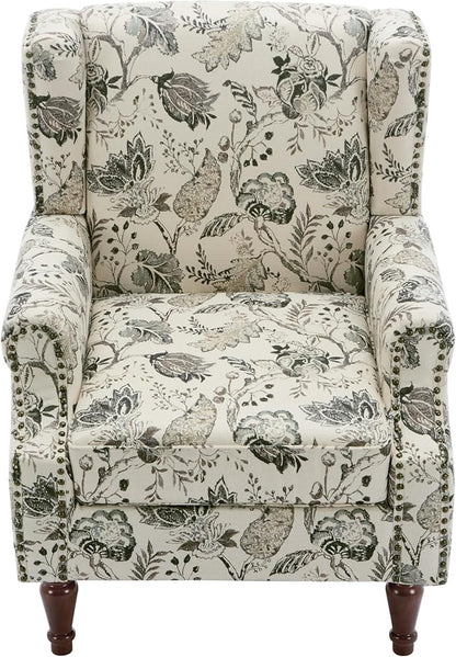 Pia Ricco Set of 2 Floral Accent Chairs, High Back Upholstered Armchairs with Retro Wingback Design, Nailhead Trim & Solid Wood Legs for Living Room Bedroom(Plants Beige)