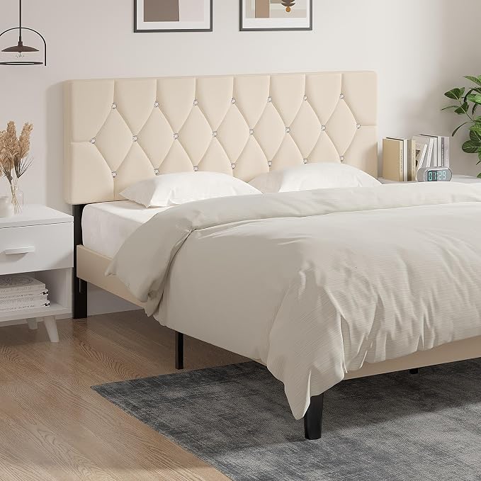 VECELO Tufted Upholstered Headboard Queen Size, with 6 Adjustable Height from 39.8" to 49.8", Button Diamond Design, Easy Assembly, Beige