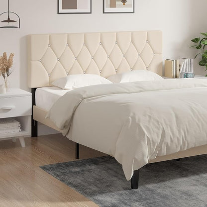 VECELO Tufted Upholstered Headboard Queen Size, with 6 Adjustable Height from 39.8" to 49.8", Button Diamond Design, Easy Assembly, Beige