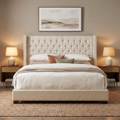 Madison Park Amelia Upholstered Headboard | Nail Head Trim Wingback Button Tufted | King, Cream