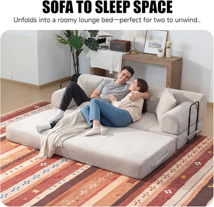78.8" Memory Foam Boneless Couch, Corduroy Floor Sofa Bed, Convertible Sleeper Futon Loveseat, Wide Armrests & Back Support, Supports Up to 1200 lbs, Couch in a Box with 2 Pillows, Light Camel